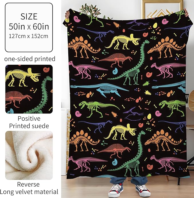 Throw Blanket for Couch, 300GSM Warm Soft Cozy Flannel Blanket, Cute Blanket for All Seasons Bedroom Home Decor Gifts, Colorful Dinosaurs 50x60 Inches