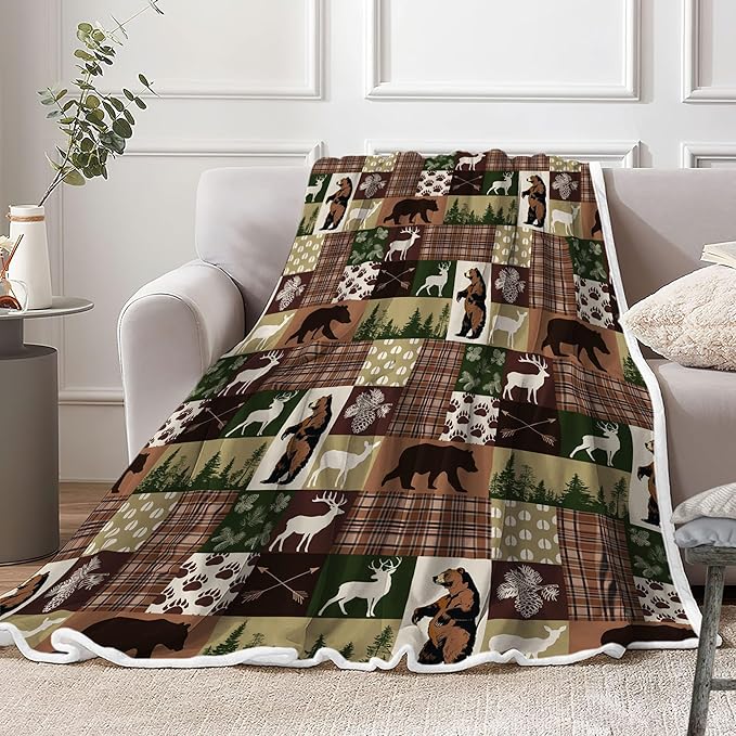 Rustic Bear Throw Blankets for Kids, Soft, Flannel, Warm, Rustic Cabin Fleece Blankets Decor, Farmhouse Country Bear Moose Forest Plush Throw Blanket for Couch Sofa 50X60 Inch