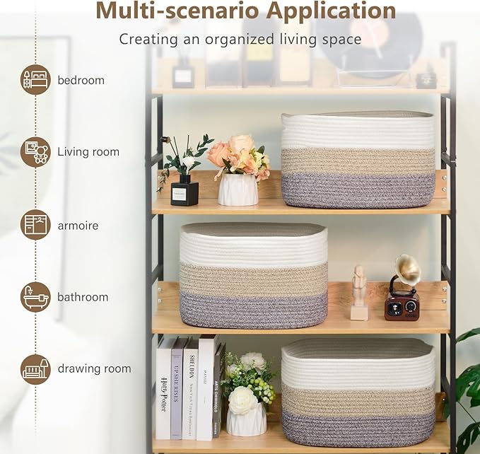 Cotton Rope Storage Basket, 15x10x9 Inches, Woven Basket for Shelves, Clothes, Towels, Books, and Laundry, White Brown (2 Pack)