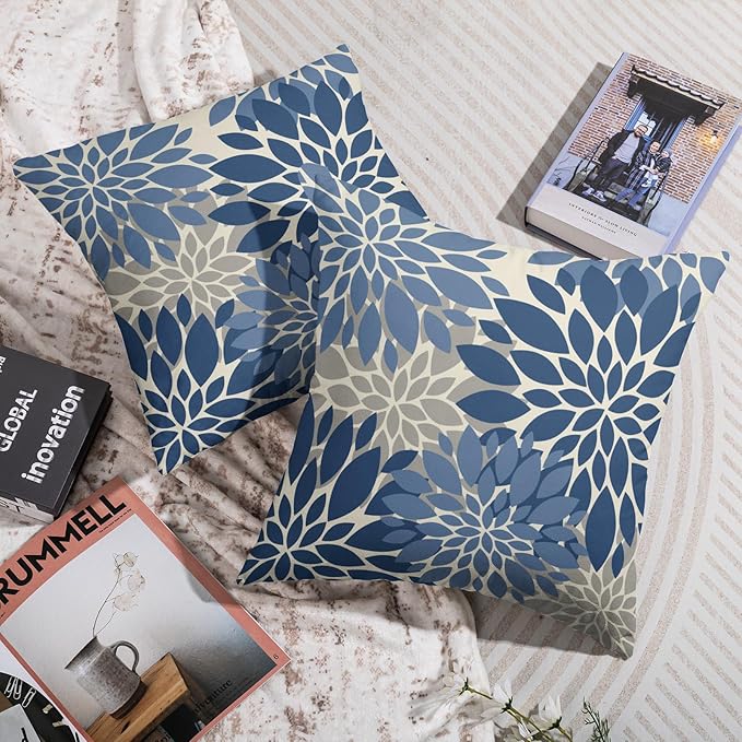 Light Blue Grey Gray Pillow Covers 22X22 Inch Set of 2, Dahlia Flower Spring Summer Floral Cream Decorative Throw Pillow Covers Outdoor Modern Farmhouse Cushion Case for Home Couch Sofa Bed Decor