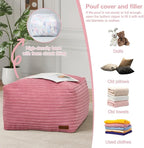MeMoreCool Square Stuffed Pouf Ottoman Foot Rest, Stripe Furry Floor Pouf Foot Stool with Foam Chunk Filling, Soft Fluffy Stuffed Ottoman Footrest for Living Room, Corduroy Pink