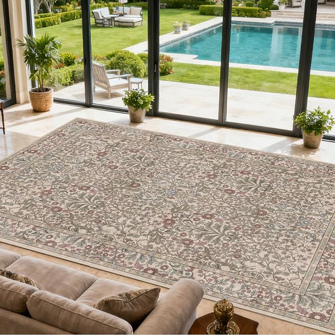 Area Rug for Living Room, 10x12 Large Washable Rugs for Dining Room, Bedroom, Non Slip Stain Resistant Carpet, Low Pile Vintage Floral Rug (Moss)