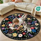 Round Area Rug for Living Room: 4 ft Floral Washable Circle Rug Soft Boho Non-Slip Carpet Indoor Stain Resistant Low Pile Small Circular Rug for Bedroom Entryway Kitchen Nursery Home Office Black