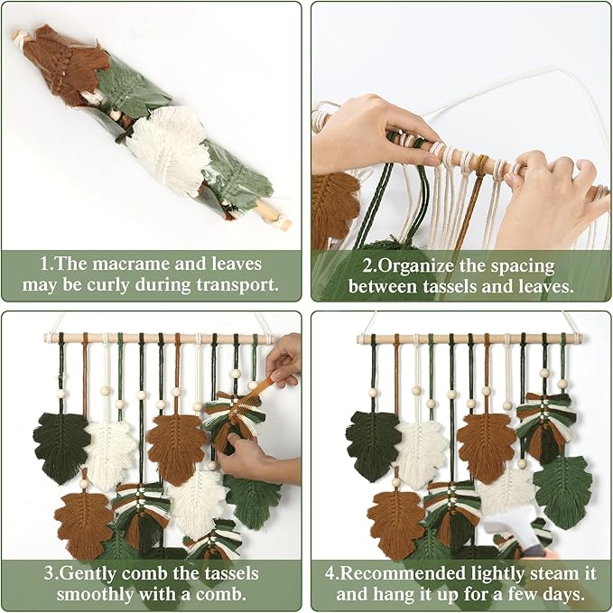 KHOYIME Macrame Wall Hanging Boho Home Decor, Bohemian Leaves Woven Yarn Tapestry Chic Aesthetic Wall Art Modern Handmade Leaf Hanging Decoration for Bedroom Living Room Nursery Office 15.7''W x 20''L