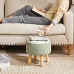 IBUYKE 13 Inch Foot Stool Ottoman with Storage, Round Small Foot Rest with Padded Seat and Wood Legs, Teddy Velvet Mini Footstool for Living Room Couch Bedroom Entryway, Green WBD006GR