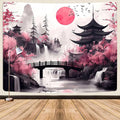 Japanese Anime tapestry, Cool Japan Cherry Blossom Floral Mountain Waterfall Sun Asian Oriental Abstract Ink Art tapestry, Black Pink Nature Landscape Tapestries for Living Room College Dorm, 40X30IN