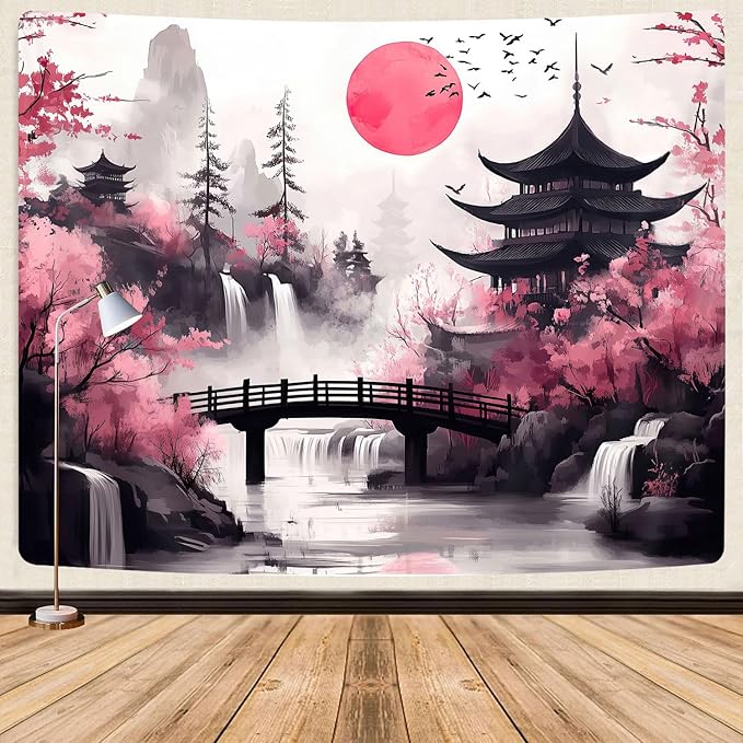 Japanese Anime tapestry, Cool Japan Cherry Blossom Floral Mountain Waterfall Sun Asian Oriental Abstract Ink Art tapestry, Black Pink Nature Landscape Tapestries for Living Room College Dorm, 40X30IN