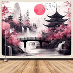 Japanese Anime tapestry, Cool Japan Cherry Blossom Floral Mountain Waterfall Sun Asian Oriental Abstract Ink Art tapestry, Black Pink Nature Landscape Tapestries for Living Room College Dorm, 60X40IN