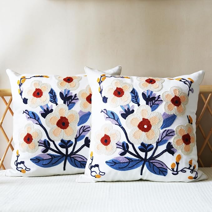 Floral Pillow Cover Boho Embroidered Pillow Covers for Couch Sofa Yellow Flowers Bohemian Pillow Covers Cotton Linen Botanical Plant Leaves Pillowcase Covers 2PCS 18x18 Inch