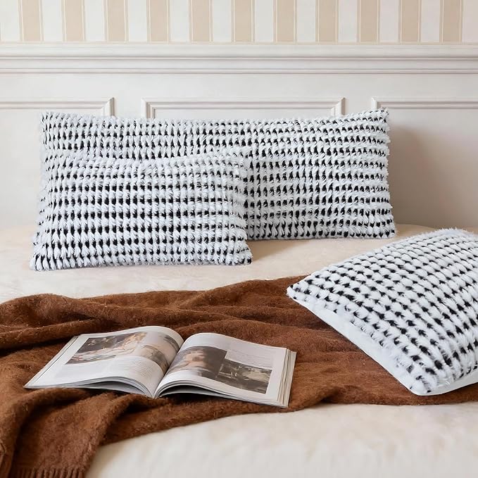 Boho Chenille Tufted Pillow Cover 14x36 Inch Set of 1, Farmhouse Striped Decorative Pillow Covers Accent Fluffy Neutral Long Body Bolster Pillow for Couch Sofa Bedroom Living Room, Black White