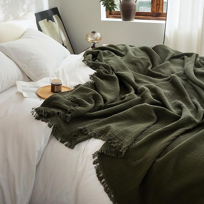 FOSSA Muslin Blanket with Fringe - 4-Layer 100% Cotton Gauze Super Soft & Breathable Throw -Lightweight Decorative Cooling Blanket for Bed, Sofa, Office -Twin XL Size 90" × 66" (Olive Green)