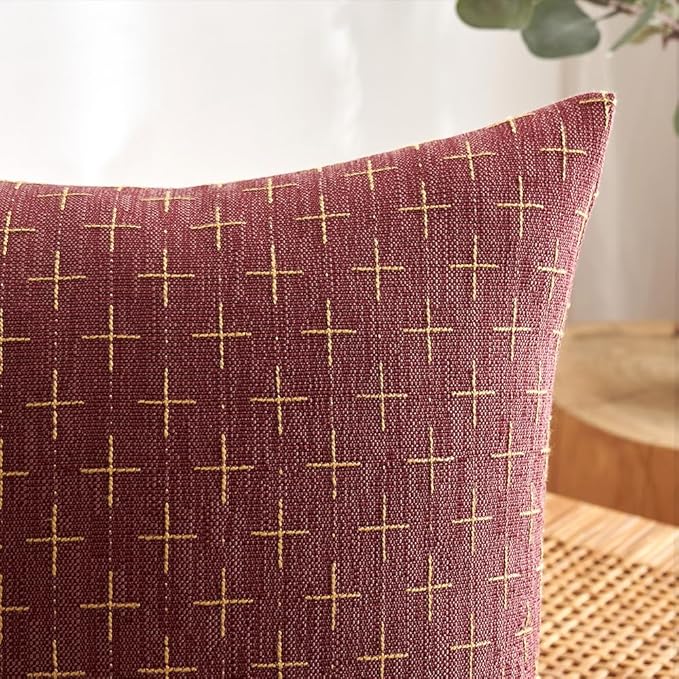 MIULEE Pack of 2 Christmas Decorative Burlap Linen Throw Pillow Covers Modern Farmhouse Pillowcase Rustic Woven Textured Cushion Cover for Sofa Couch Bed 24x24 Inch Wine Red