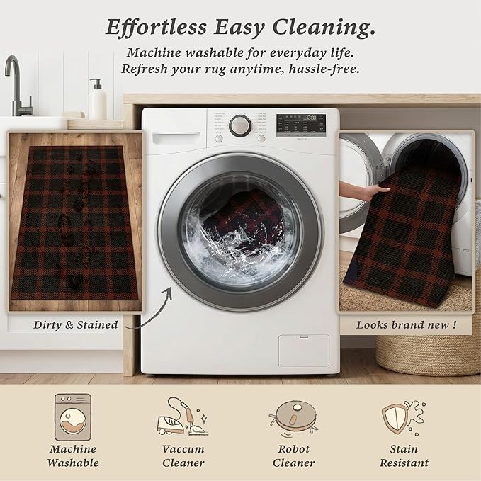 3x4 Retro Buffalo Plaid Indoor Entryway Rug - Front Door Mat Indoor Entrance, Non Slip Washable Rug for Kitchen, Living Room and Fireplace, Washable Easy Jute Red and Black Fall & Holiday Decor