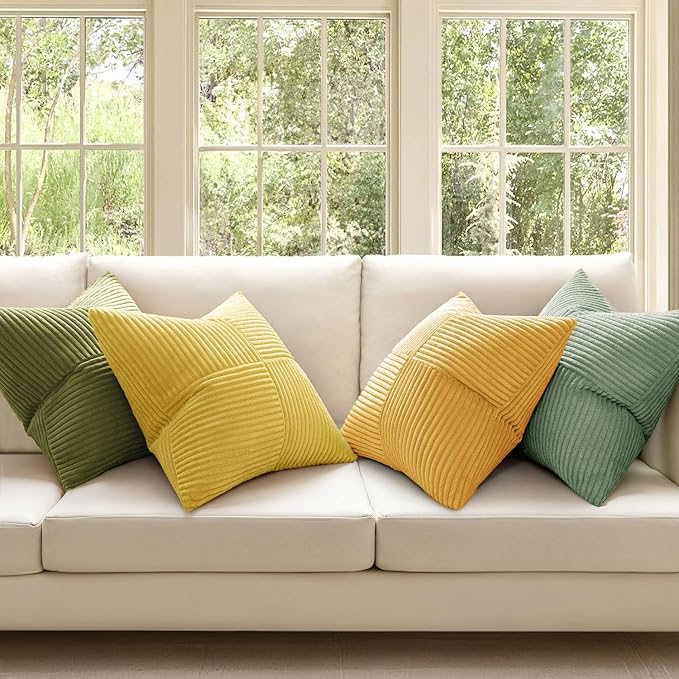 MIULEE Boho Farmhouse Spring Decorative Throw Pillow Covers 20x20 Inch 4 Packs Soft Vintage Pillow Cases Modern Corduroy Patchwork Cushion Covers for Couch Sofa Bed Summer Home Decor, Yellow Green