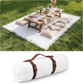 Frienda 70 x 120 Inch Extra Large White Outdoor Picnic Blanket Woven Cotton Yarn Blanket with Fringe and Leather Storage Strap Boho Decor for 8 to 12 Camping Lawn Wedding Photoshoot Beach Park Grass