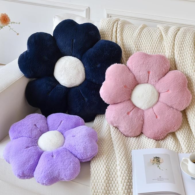 Flower Pillow, Flower Shaped Pillow Decorative Throw Pillows for Bed Couch, Cute Daisy Pillow Dorm Decor Floor Seating Cushion (Navy Blue, 19.6 Inches)
