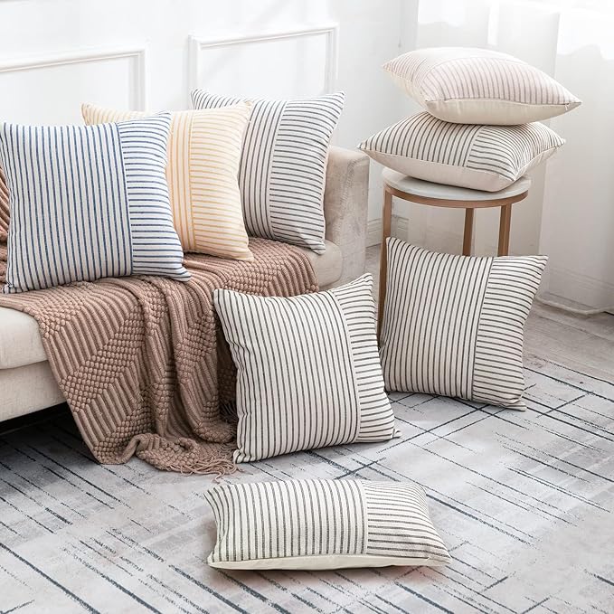 YCOLL Farmhouse Pillow Covers 12x20, Modern Accent Lumbar Throw Pillow Covers Set of 2, Grey and Beige Striped Patchwork Linen Decorative Pillows Cushion Covers for Couch Chair Bedroom Home Decor