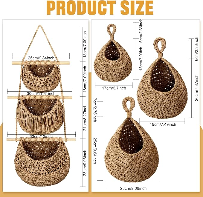 Windyun 4 Pcs Hanging Fruit Basket Teardrop Baskets Handmade Woven Cotton Rope 3 Tier over the Door Organizer Hanging Boho Wall Decor for Storage Kitchen(Brown)