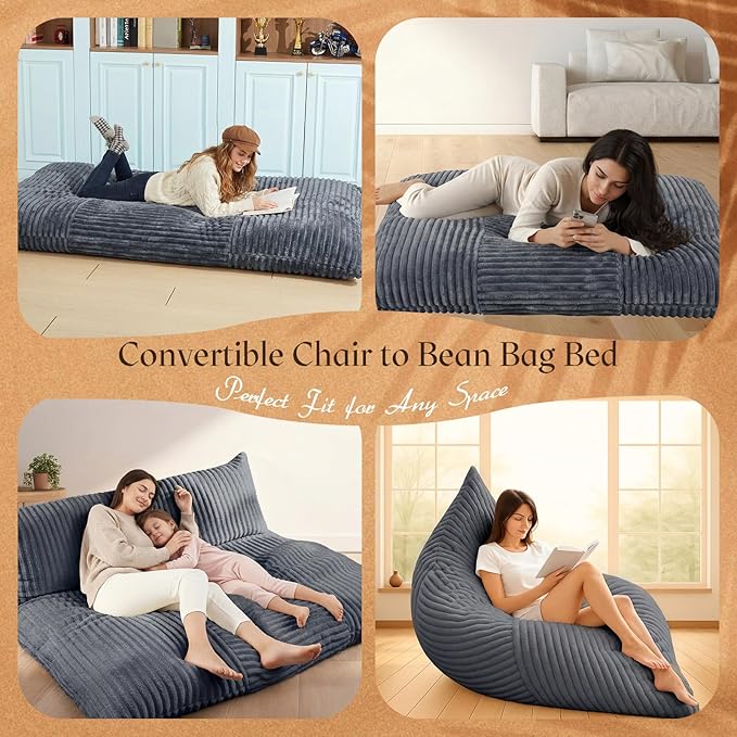 Honeydak 3 in 1 Giant Bean Bag Chair Cover Only (No Filler) Convertible Bean Bag Lazy Floor Sofa Cover Without Filling Washable Versatile Stuffed Animal Storage for Bedroom Living Room(Dark Grey)