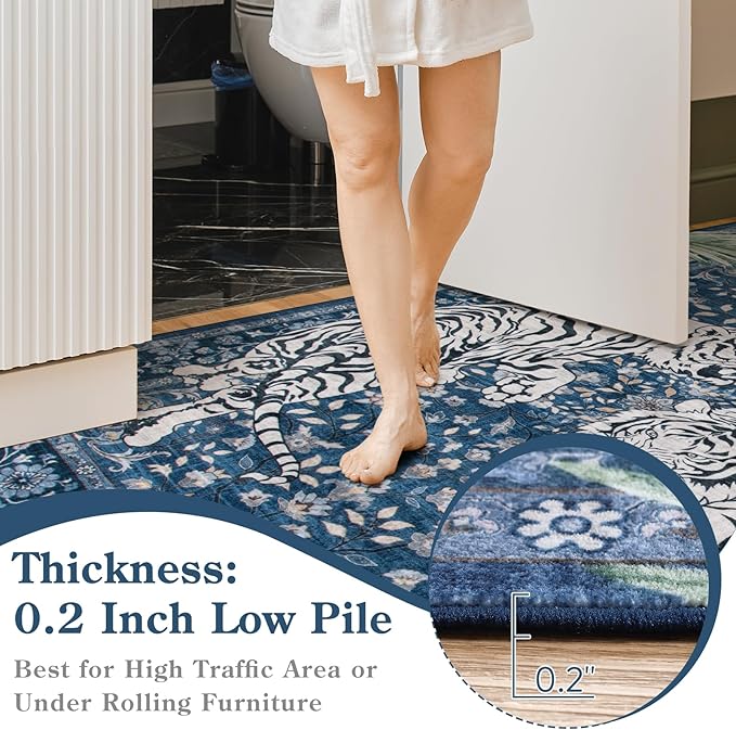 Moynesa Tiger Washable Area Rugs 8x10, Large Boho Rugs for Living Room, Vintage Non Slip Dining Room Rugs for Under Table, Ultra Thin Soft Floor Carpet for Office Bedroom, Blue