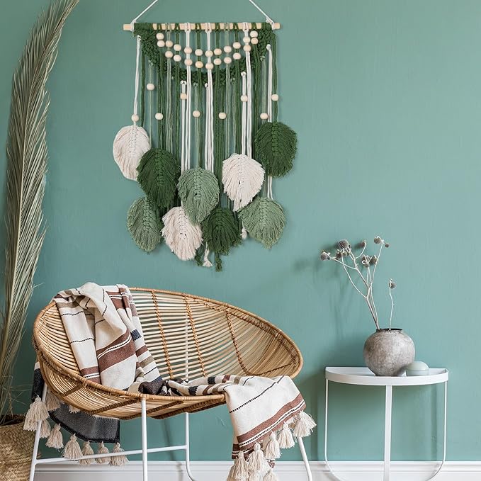 Newwiee Leaves Macrame Wall Hanging Boho Feather Macrame Wall Decor Woven Tapestry Green Stylish Feather Hanging for Nursery Bedroom Living Room 27.6 x 15.8 Inch