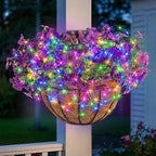 GOESWELL Wall Hanging Basket with Artificial Flowers: Fake Plants Basket with RGB String Lights for Fall Outdoor Decor - Solar Flowers Baskets with Faux Silk Flower for Front Porch Patio Garden Decor