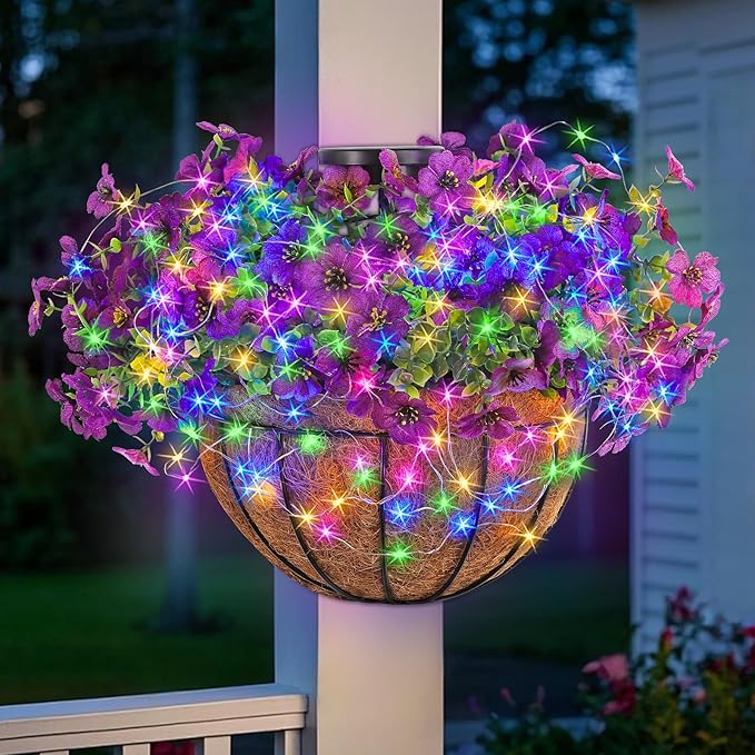GOESWELL Wall Hanging Basket with Artificial Flowers: Fake Plants Basket with RGB String Lights for Fall Outdoor Decor - Solar Flowers Baskets with Faux Silk Flower for Front Porch Patio Garden Decor