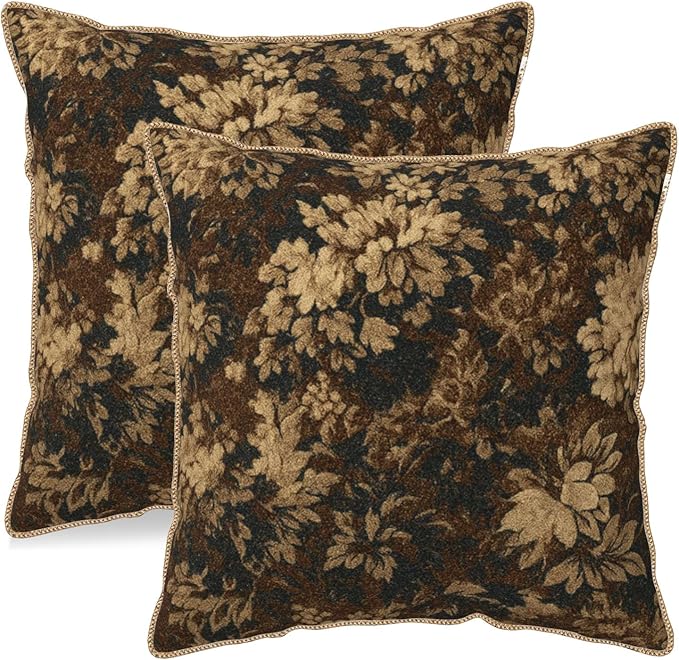Neutral Flowers Dark Brown Soft Velvet Throw Pillow Covers Set of 2 Boho Vintage Abstract Floral Decorative Pillow Covers 20x20 Inch Retro Bohemian Pillow Case For Sofa Couch Farmhouse Home Decor
