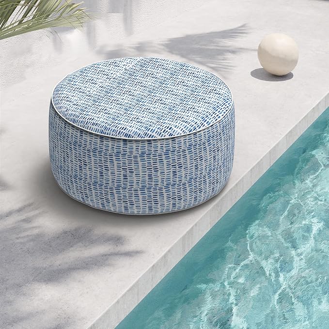 Indoor/Outdoor Inflatable Ottoman, All Weather Ottoman Pouf D31 x H14 inch, Round Foot Rest Ottomans, Portable Footstool for Patio, Garden, Porch, Home, Pebble Blue