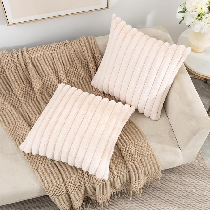 ZLINA Set of 2 Beige Faux Fur Decorative Throw Pillow Covers Fluffy Striped Pillowcase Cushion Covers 22 x22 Inch Decor Sofa Couch Bedroom