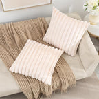 ZLINA Set of 2 Beige Faux Fur Decorative Throw Pillow Covers Fluffy Striped Pillowcase Cushion Covers 20 x 20 Inch Decor Sofa Couch Bedroom
