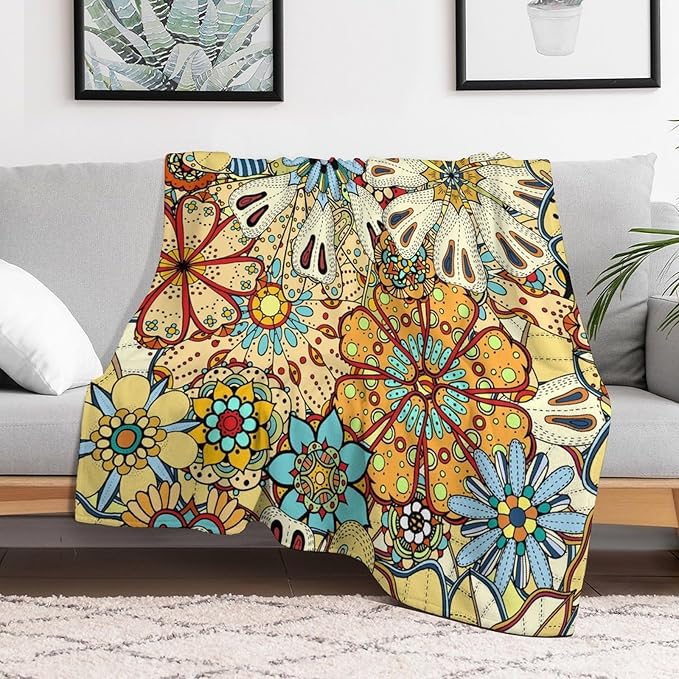 Boho Floral Throw Blanket Vintage Colorful Flowers Bohemian Print Mandala Blanket for Sofa Bed Couch Chair Or Dorm 70"x80"