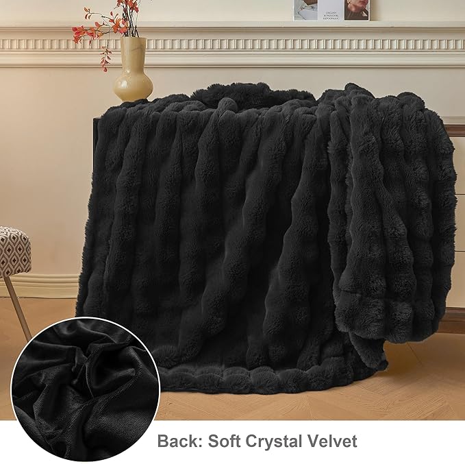 LIFEREVO Luxury Fluffy Faux Rabbit Fur Throw, Plush Fuzzy Bubble Blanket for Couch Sofa, Soft Cute Furry Bed Blanket Home Decoration, Shaggy Lap Throw for Bedroom Living Room Office, 50x60, Black