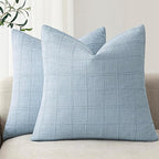 Foindtower Set of 2 Decorative Linen Check Throw Pillow Covers Neutral Farmhouse Vintage Cushion Covers Modern Boho Accent Home Decor for Sofa Chair Couch Bedroom Living Room,24×24 Inch,Sky Blue