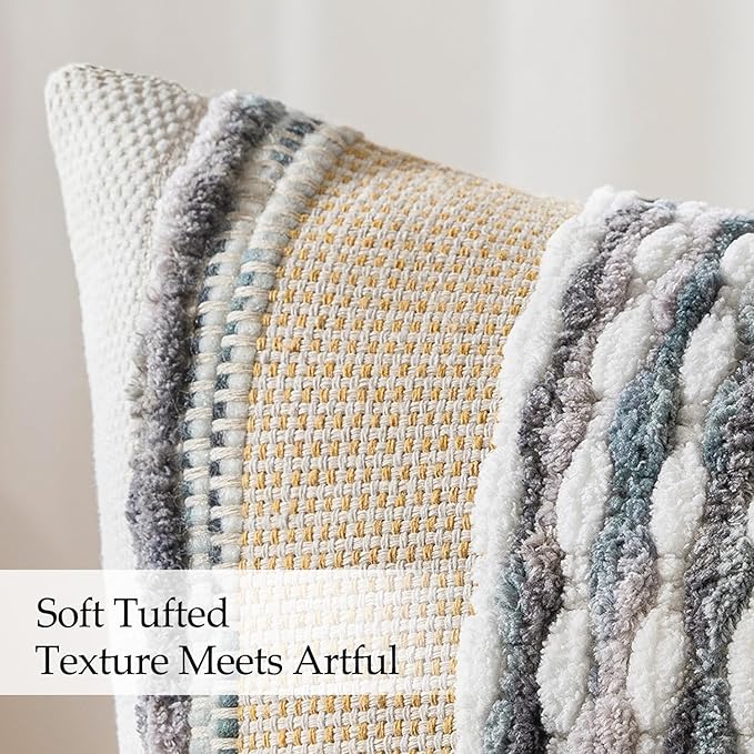 ANRODUO Pack of 2 Boho Decorative Throw Pillow Covers 26x26 Farmhouse Cushion Case Striped Chenille Pillow Cases Square Pillow Covers Accent Neutral Pillowcase for Sofa Couch Bed, Gray Blue Stripe