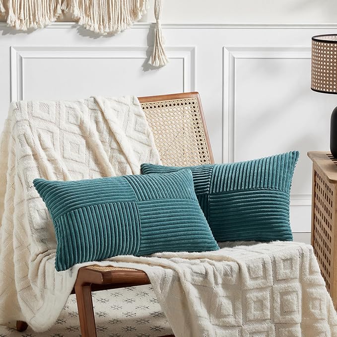 Fancy Homi 2 Packs Teal Lumbar Decorative Throw Pillow Covers 16x32 Inch for Living Room Couch Bed Sofa, Rustic Farmhouse Boho Home Decor, Soft Striped Corduroy Rectangle Accent Cushion Case 40x80 cm