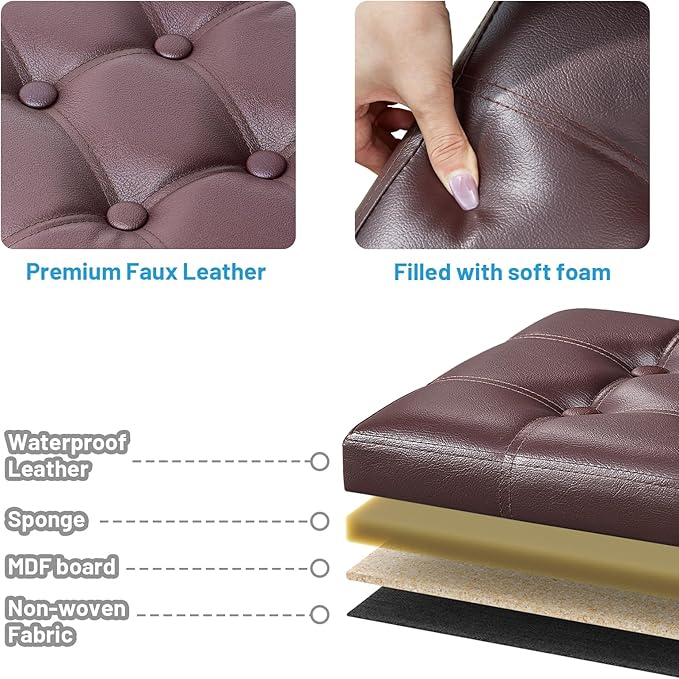 Storage Ottoman Foot Rest Stool, Small Leather Storage Ottomans Bench, Folding Footstool with Side Pockets, Foot Rest Under Desk for Living Room Bedroom, 16x12x12 in, Brown 2 Pack