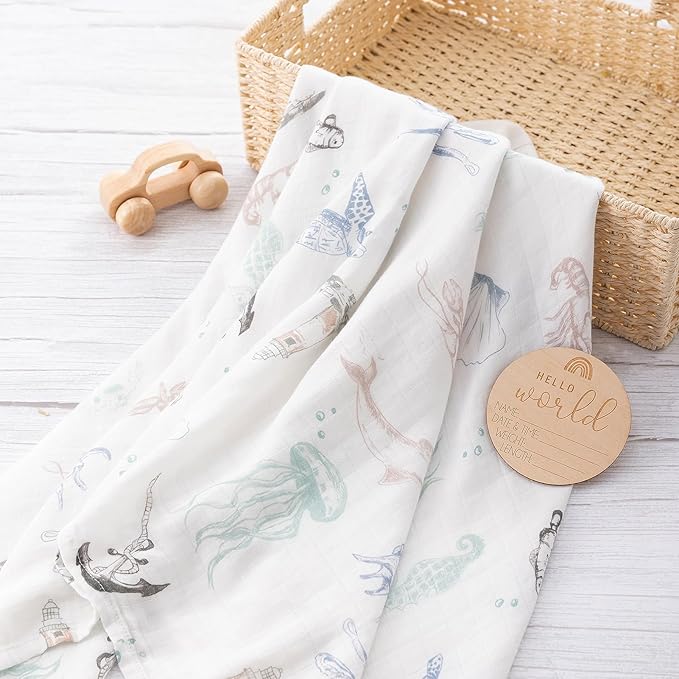 BabyWhale Muslin Swaddle Blanket with Hat and Headband Bow, Marine Animals Pattern Swaddle Set for Baby Boys ＆ Girls, Unisex Newborn Soft Receiving Swaddle Wrap, 47x47 inches