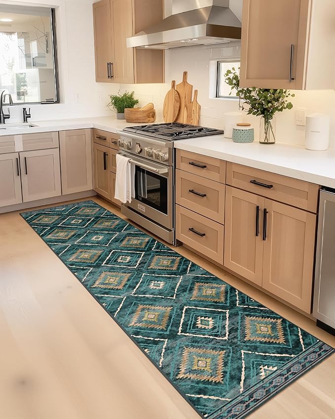 Area Rug 2x6 Rug Machine Washable Non-Slip Low Pile Print Pattern Western Rug for Living Room Bedroom Entryway Tribal Series -Teal/Green