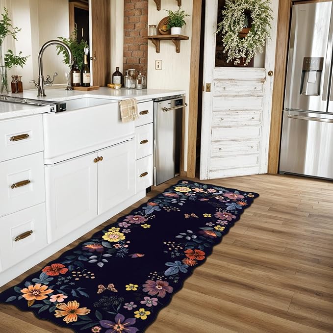 Lahome Floral Kitchen Runner, 2X6 Washable Runner Rug Non-Slip, Ultra-Thin Soft Hallway Rug Stain Resistant Boho Low-Pile Carpet for ‎Laundry Bathroom Bedroom Flore (2x6ft,Purple)