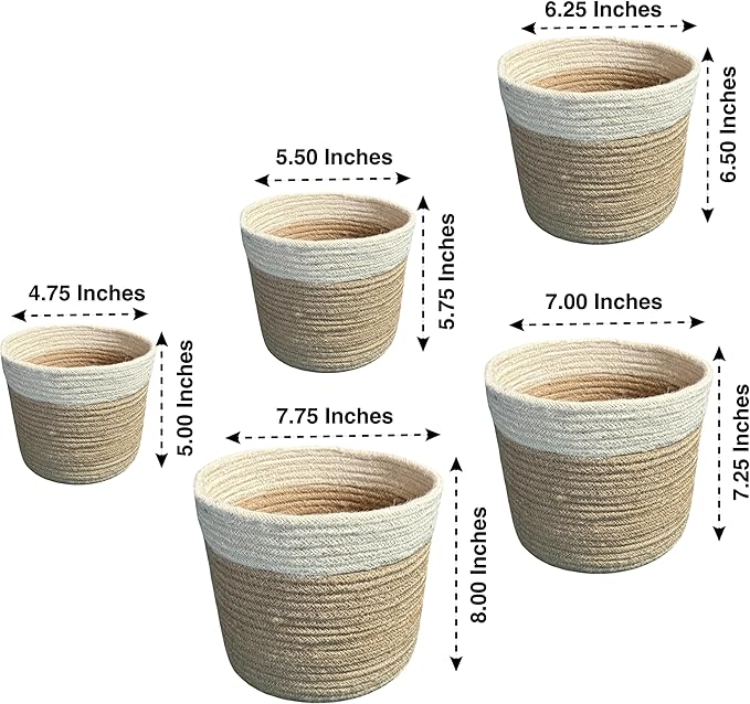 Planter Basket Set – 5-Piece Handwoven Jute Planter Basket for Home Decor, Nursery, or Indoor Plants (5'' to 8'' Diameter, 4.75'' to 7.75'' Height) – Fold & Wrinkle Free - Natural Jute with White Band