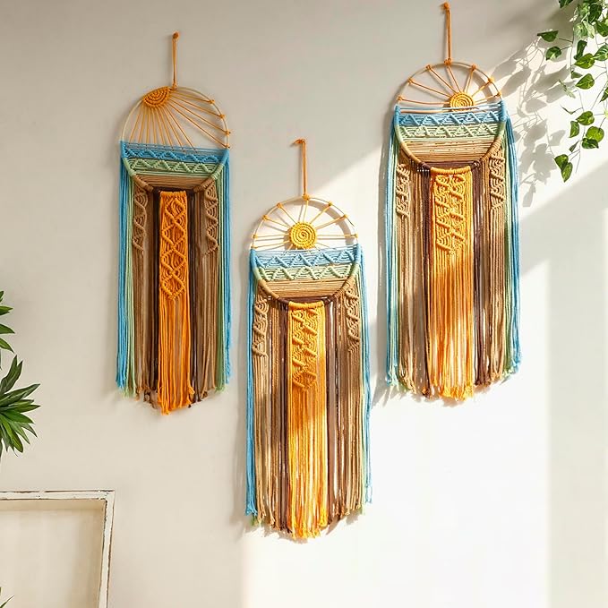 Artilady 3 Pack Macrame Wall Hanging Tapestry Sunrise Sunset Wall Art Set, Hand Woven Boho Tapestries Colorful Sun Wall Decor for Bedroom Living Room Apartment (3 Pcs)