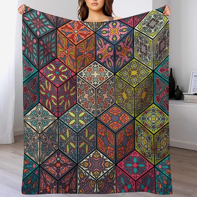 Hippie Bohemian Mandala Throw Blanket Indian Flower Floral Texture Print Blanket for Sofa Bed Couch Chair Or Dorm 50"x60"