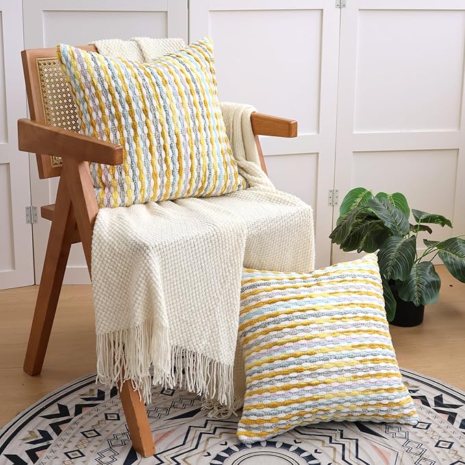 Boho Decorative Throw Pillow Covers 18x18 Inch, Chenille Tufted Pillow Cover Striped Textured Square Farmhouse Accent Pillowcase for Couch Sofa Bedroom Living Room, Yellow White Stripe 1 Pack