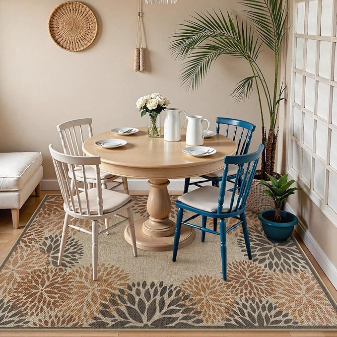 LIVEBOX Modern Easy Jute 5x7 Outdoor Rug, Washable Area Rugs for Living Room Patio Floral Indoor Outdoor Rug, Boho Farmhouse Non Slip Carpet for Backyard Foyer Dining Room(Beige, 5'x7')