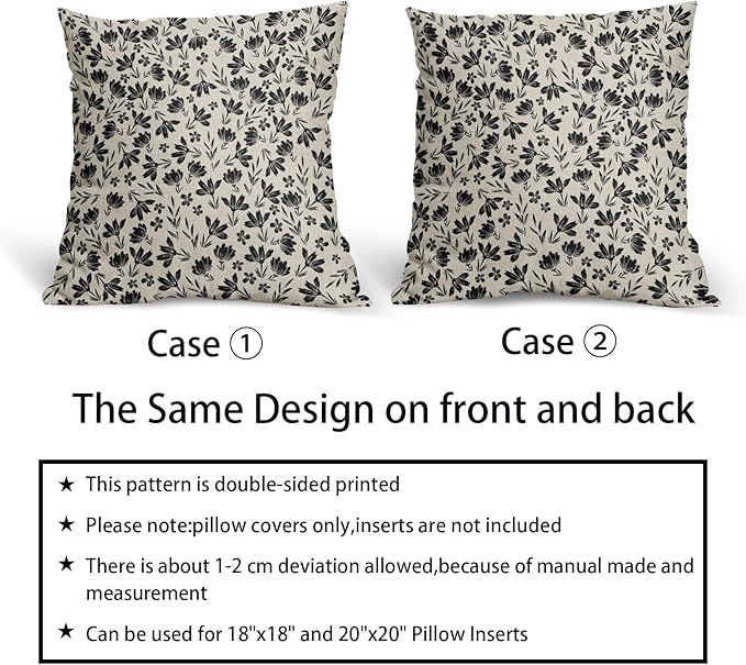 Black Floral Pillow Covers 18x18 Set of 2 Vintage Rustic Old Style Cute Small FlowerBlack Cream Print Decorative Outdoor Pillowcases Farmhouse Throw Cushion Case Decor for Couch Sofa Bed