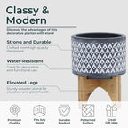 Aztec Decorative Planter Pot on Wooden Stand – Ceramic Stoneware Outdoor & Indoor Plant Pot with Gray Geometric Pattern – Modern Garden & Home Decor Ceramic Planters – 6", Gray