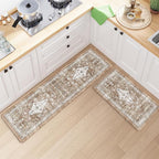 Collive Farmhouse Anti Fatigue Kitchen Mat, Cushioned Kitchen Rug Sets of 2 Waterproof Non Slip Kitchen Floor Mats Ergonomic Comfort Standing Mat for Laundry, Office, Sink, Desk, Cream/Brown