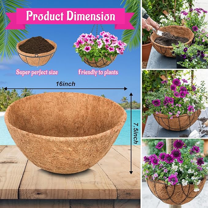 Riare 2 Pack 16 Inch Round Coco Liners Replacement, 100% Natural Coconut Coir Liners for Hanging Baskets, Garden Flower Vegetables Planter Pot, Window Box, Fence, Decks