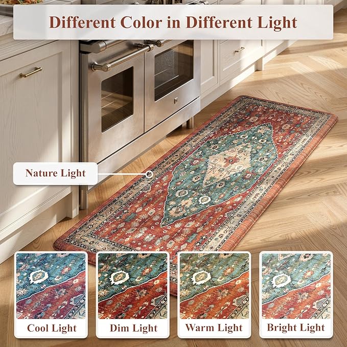 Collive Boho Cushioned Kitchen Mat, Comfort Anti Fatigue Mats for Kitchen Floor, Standing Desk Mat for Kitchen, Office, Laundry, Sink, 17”x47” Red Non-Skid Waterproof Kitchen Rugs